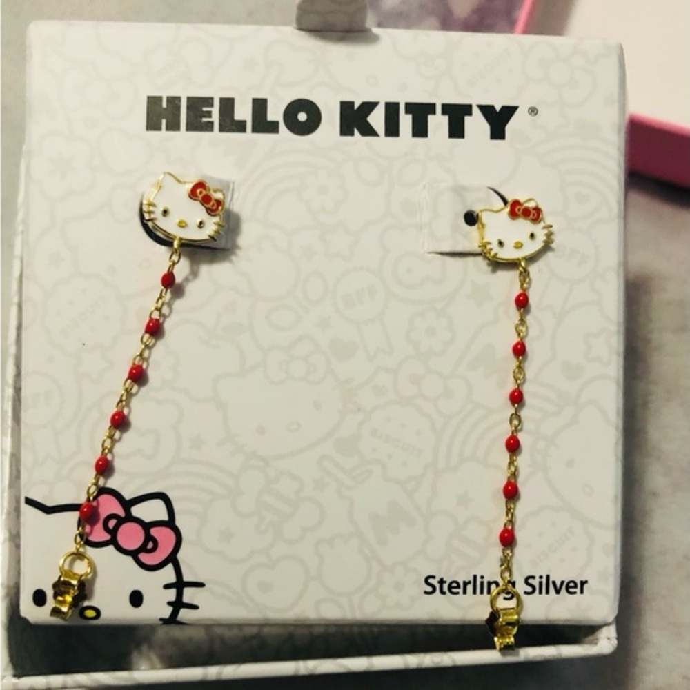 Hello Kitty gold plated sterling silver & red dangling earrings brand new in box